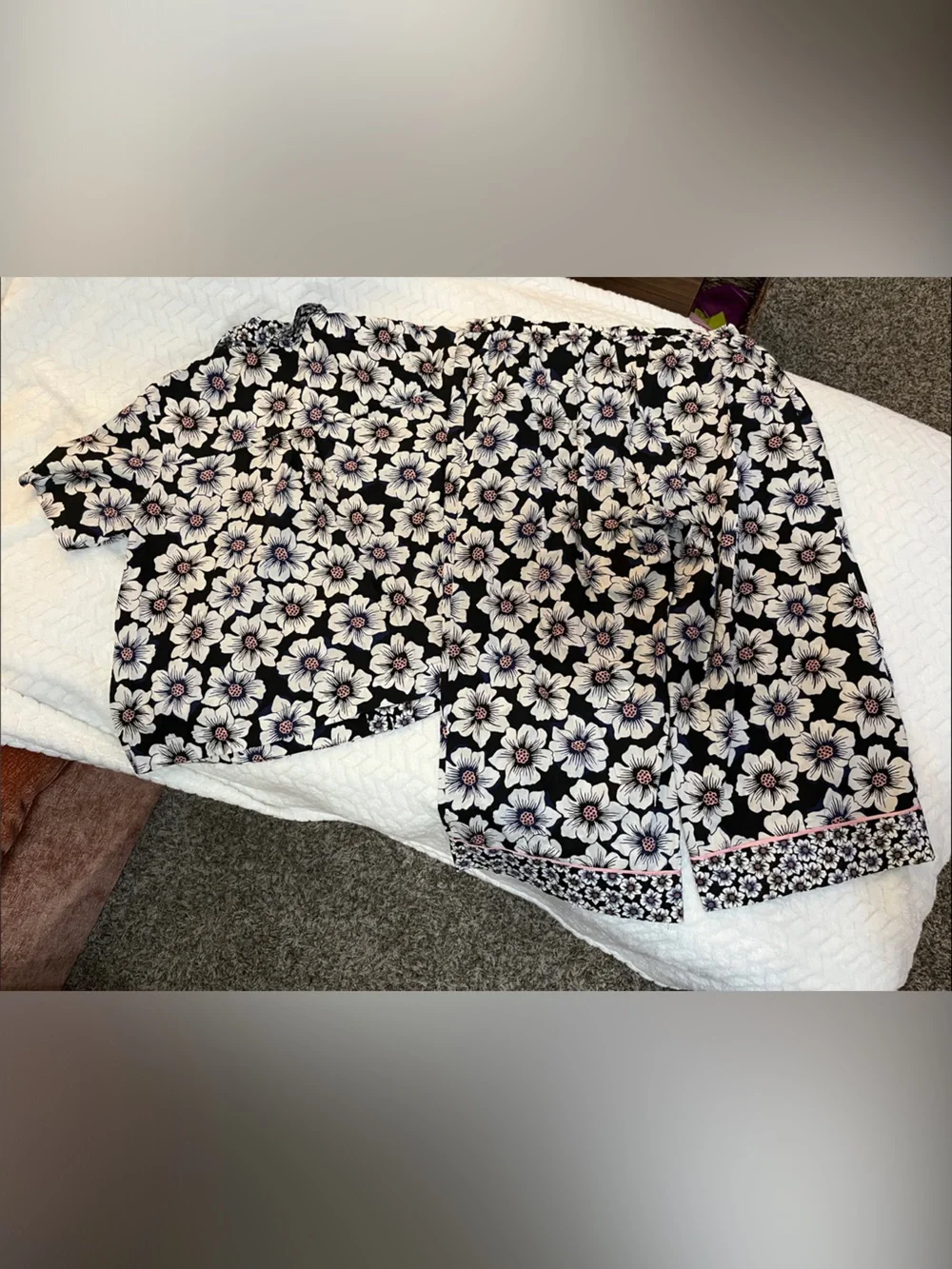 kate spade Black Floral Pajama Set with White and Pink Accents